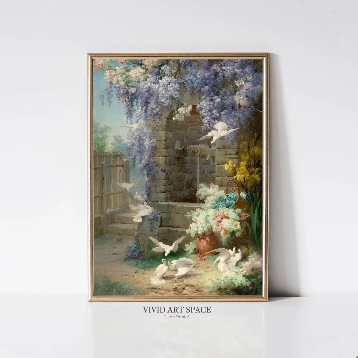 White Doves in a Spring Garden Among Blossoms Vintage Art Print
