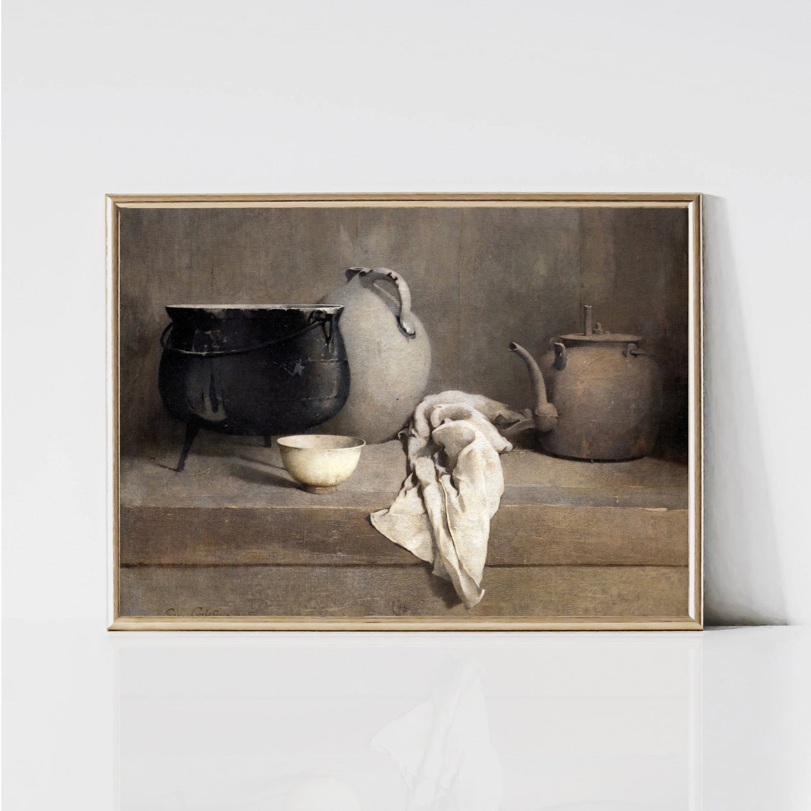 Rustic Kitchen Still Life With Pots and Kettle Vintage Art Print