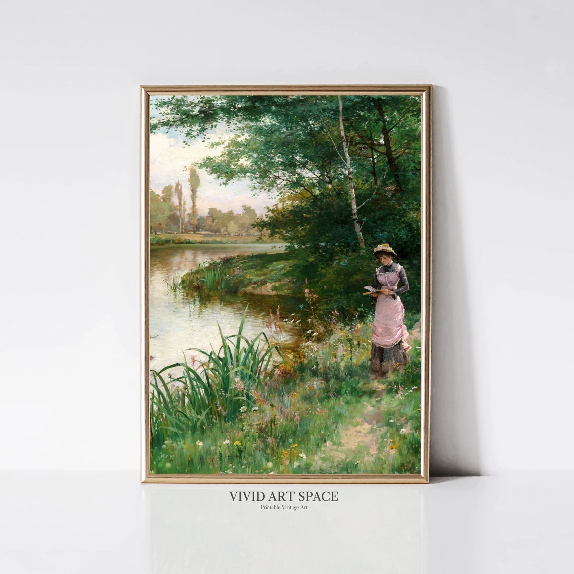 Victorian Woman Reading By The River Impressionist Art Poster