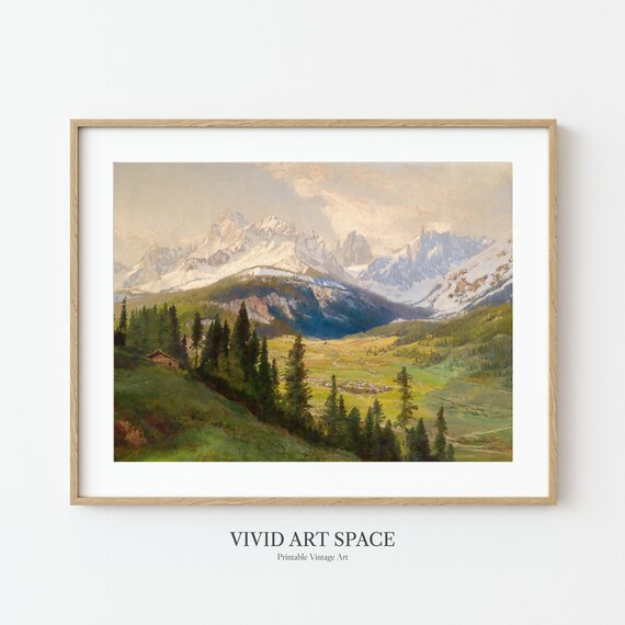 Snow Mountain Painting Rustic Country Art Print Vintage Landscape Print Farmhouse Wall Decor Printable Wall Art