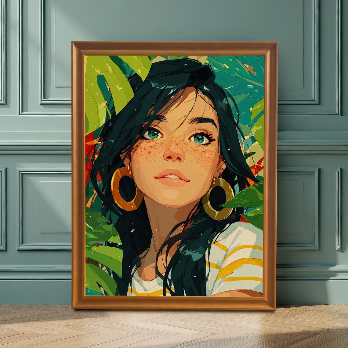 Woman Portrait With Freckles, Floral Background Art Print