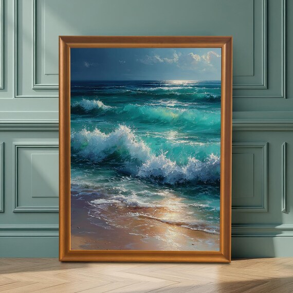 Teal Ocean Waves Crashing on Sunlit Shore Coastal Artwork Poster
