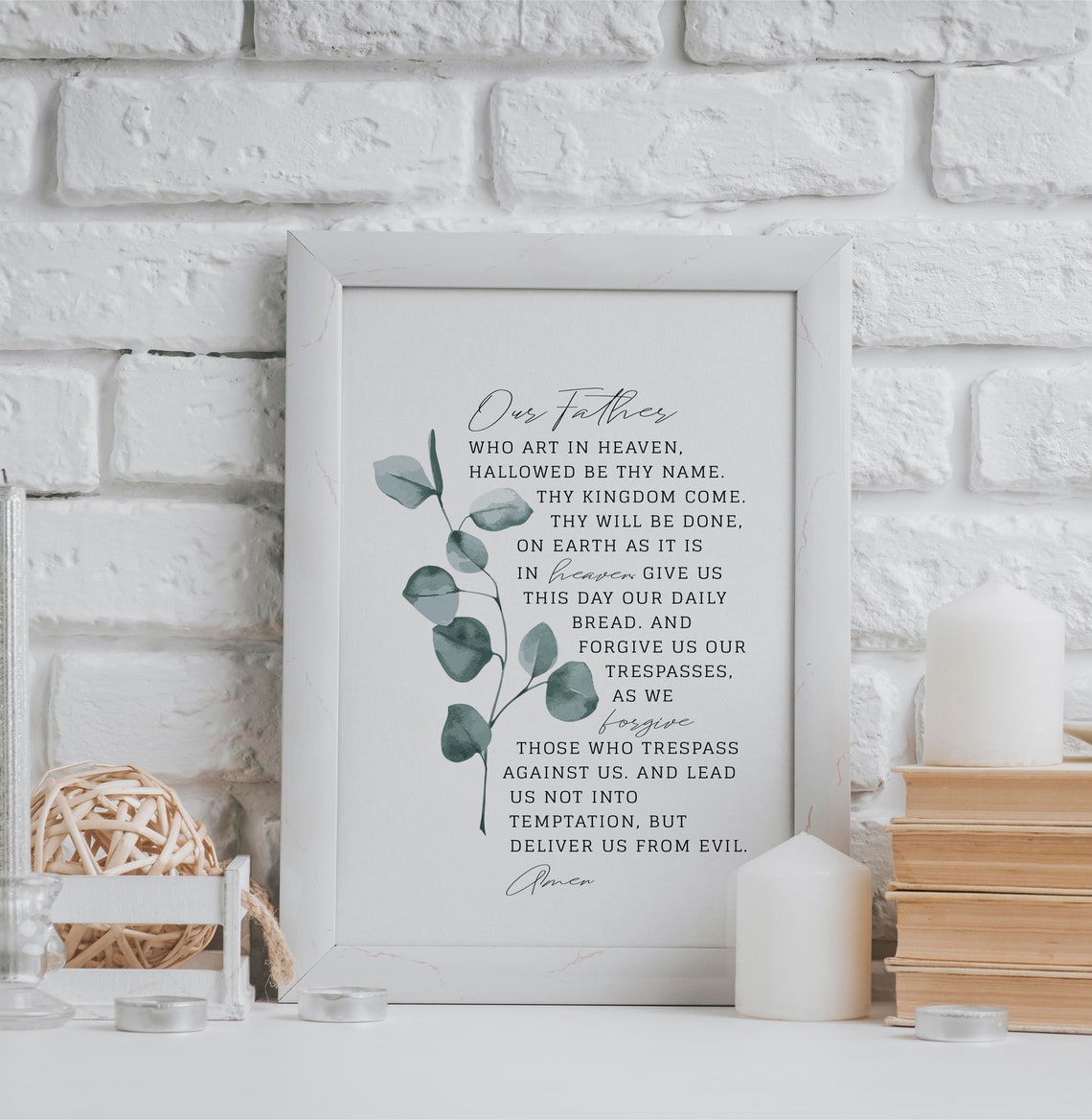Our Father Prayer Text Eucalyptus Black Frame Religious Poster - Image 3