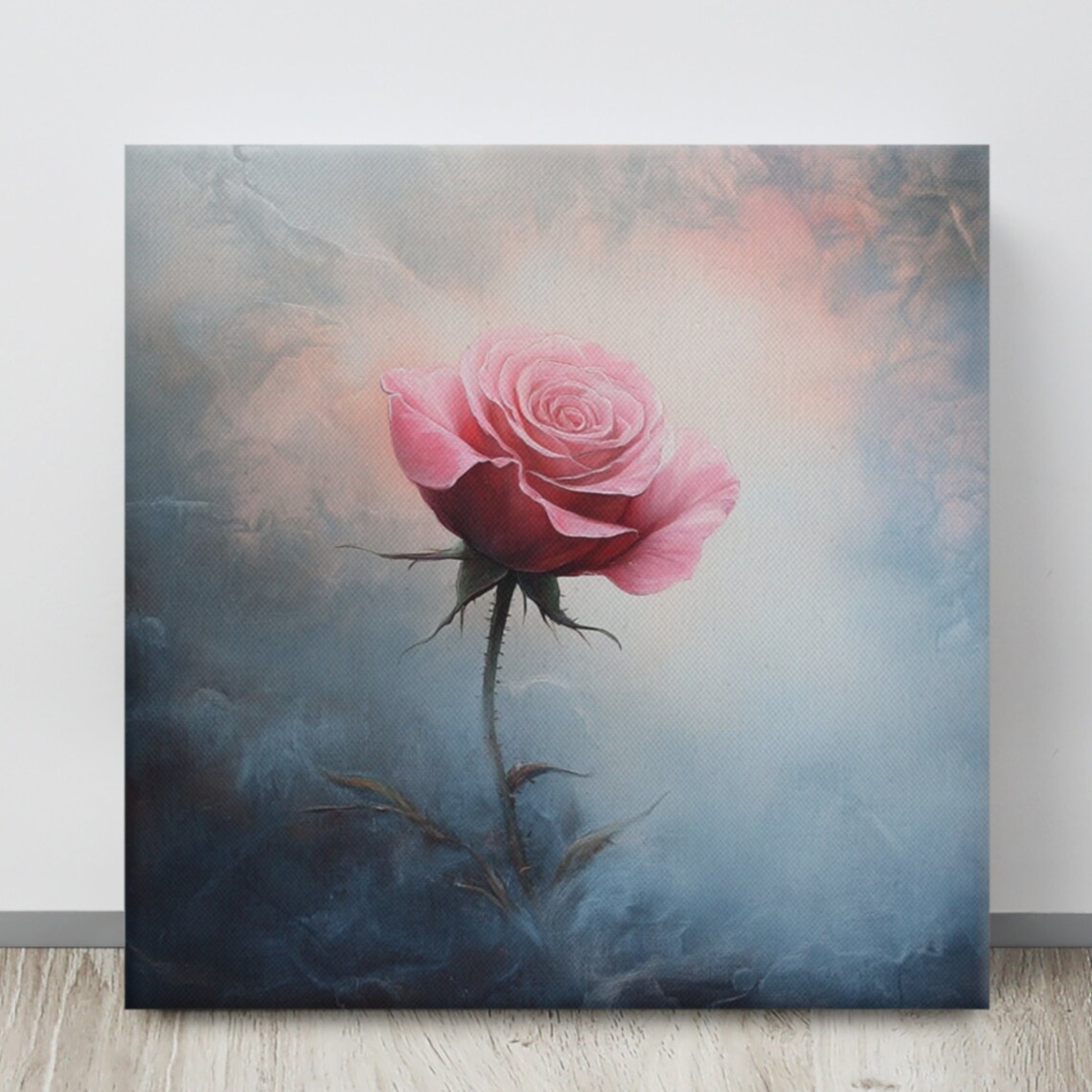 Pink Rose Thorny Stem Misty Smoky Blue Dreamy Mystical Art Poster