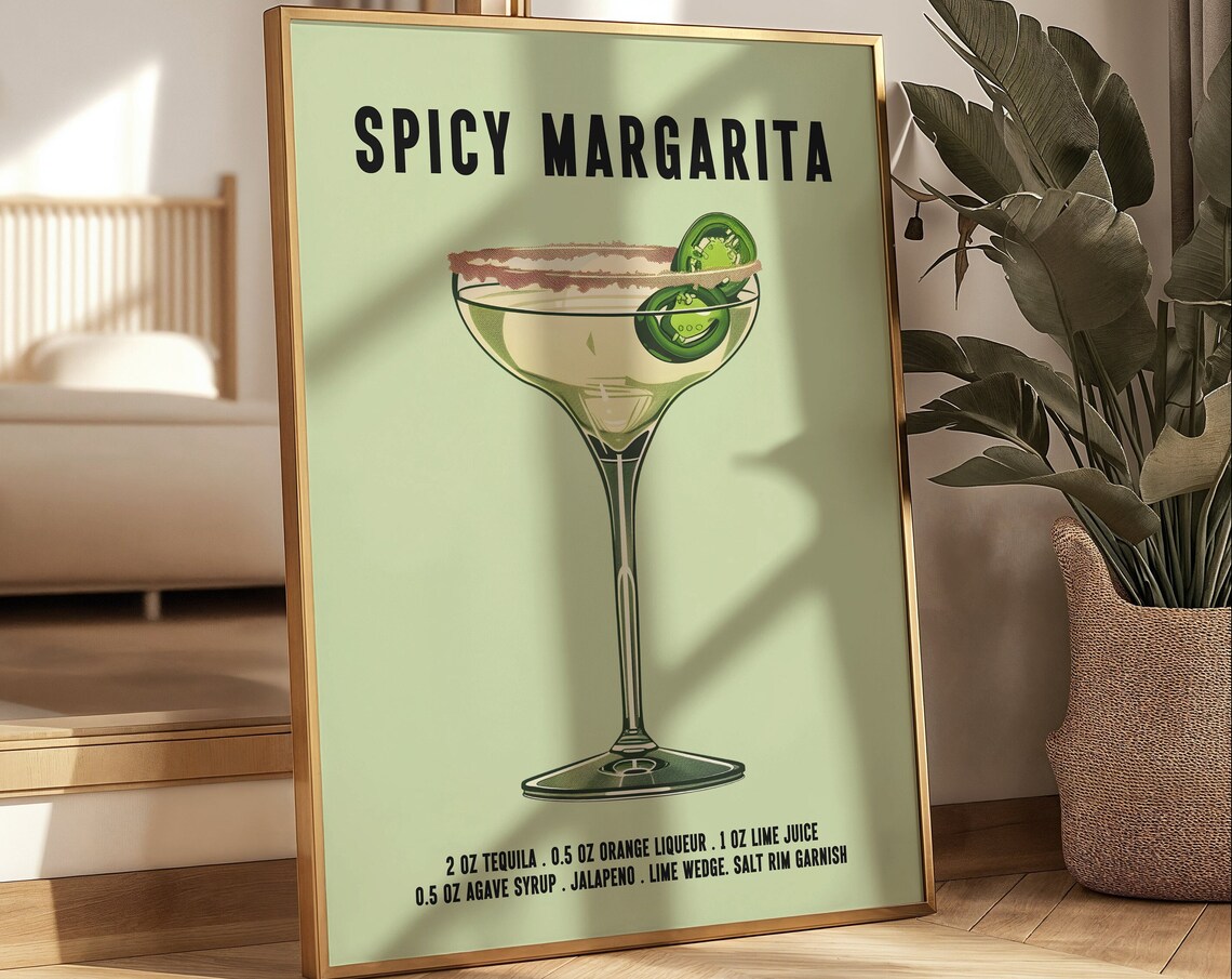 Spicy Margarita Tequila Cocktail Recipe On Green Background Artwork Poster - Image 2
