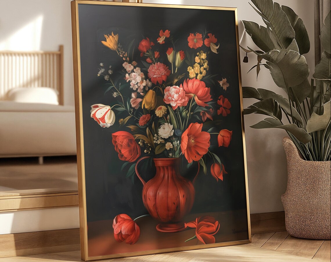Red Poppy Bouquet Red Vase Dark Dutch Floral Painting Poster - Image 4