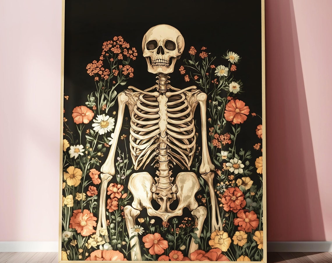 Skeleton Standing In Wildflowers Dark Moody Botanical Art Poster - Image 3