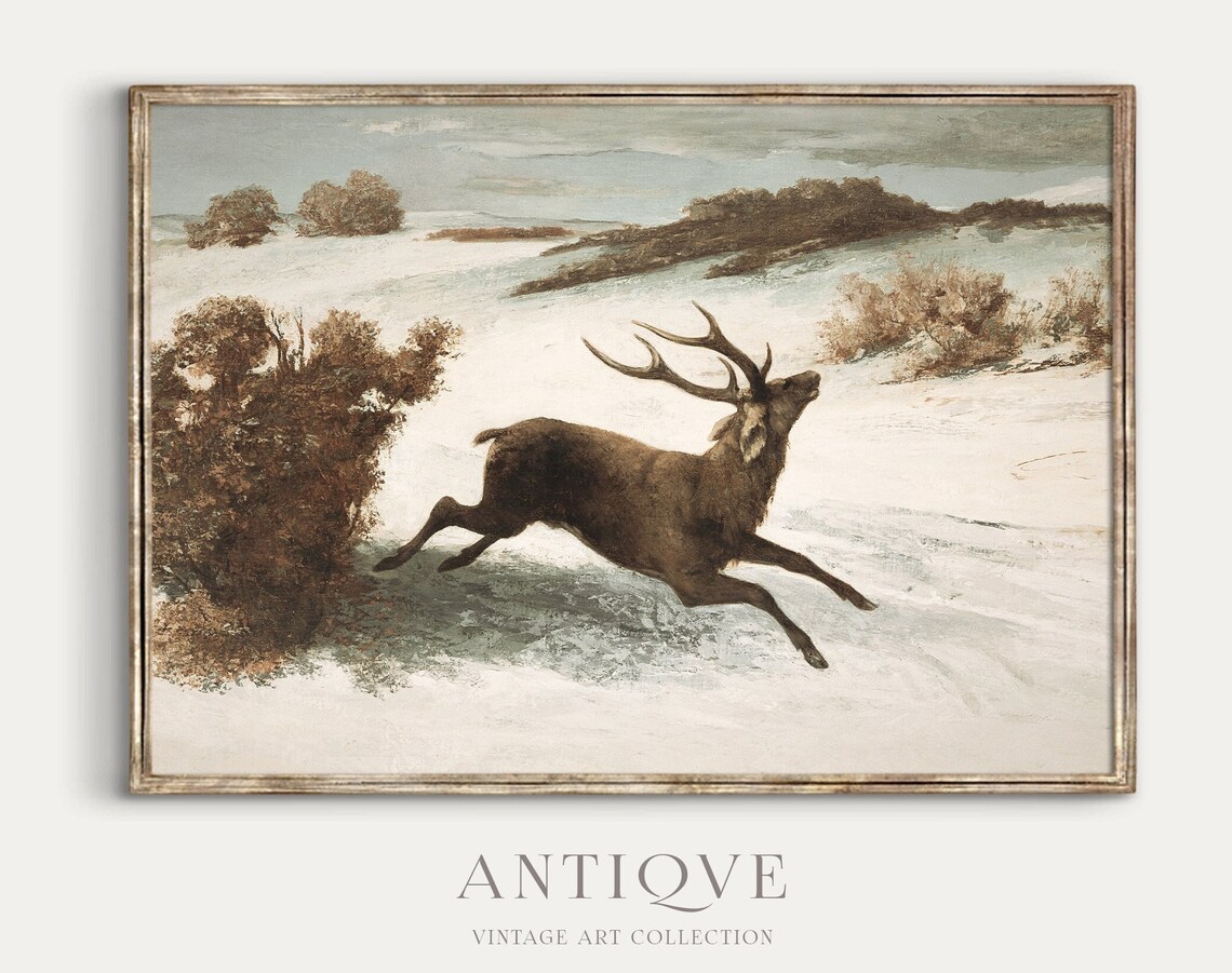 Vintage Winter Deer Painting, Snowy Landscape Art Print