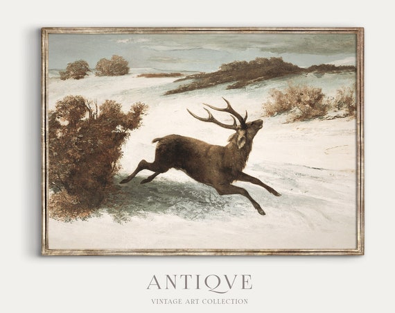 Vintage Winter Deer Painting, Snowy Landscape Art Print