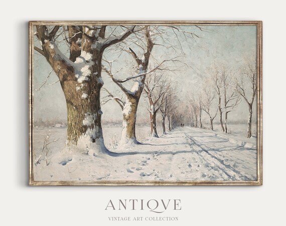 Snowy Winter Road Lined with Trees Vintage Landscape Art Print