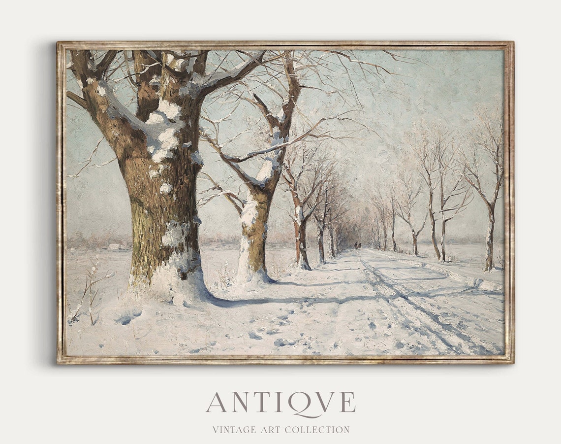 Snowy Winter Road Lined with Trees Vintage Landscape Art Print