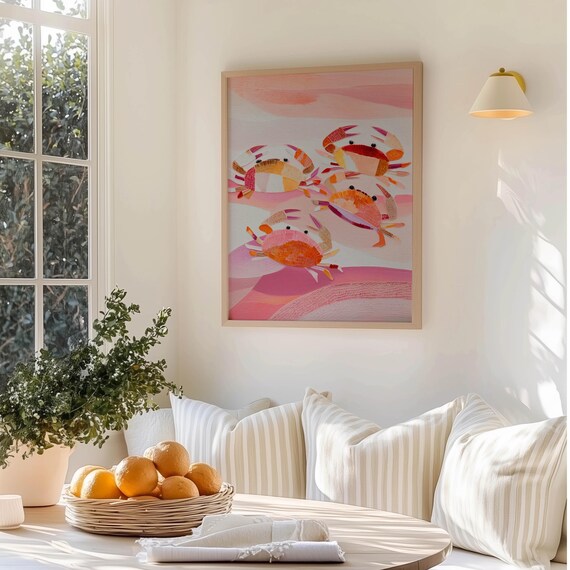 Pink Coral Crabs Whimsical Sea Creatures Pastel Coastal Wall Art