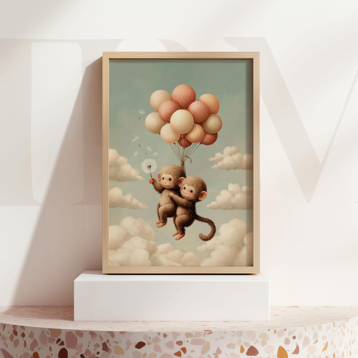 Monkey Balloon Nursery Print Pastel Animal Art