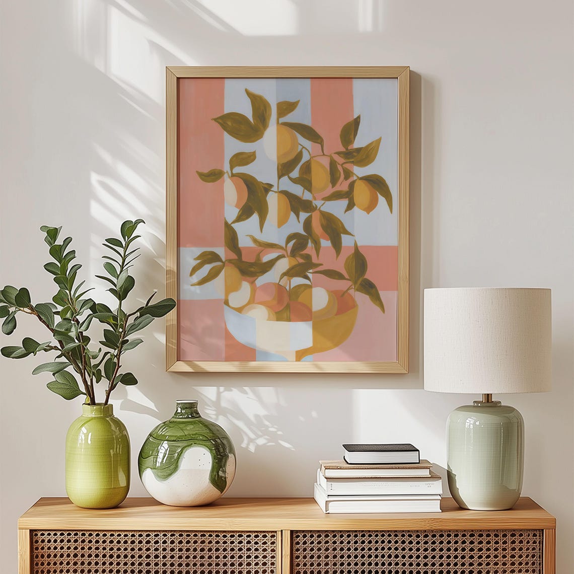 Lemon Bowl Wall Art Print Abstract Cubist Fruit Painting Retro Pedestal Artwork Mediterranean Kitchen Decor Botanical Citrus Modern Home
