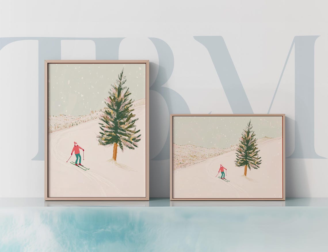 Child on a Snowy Hill with Pine Tree Pastel Ski Scene Poster - Image 4
