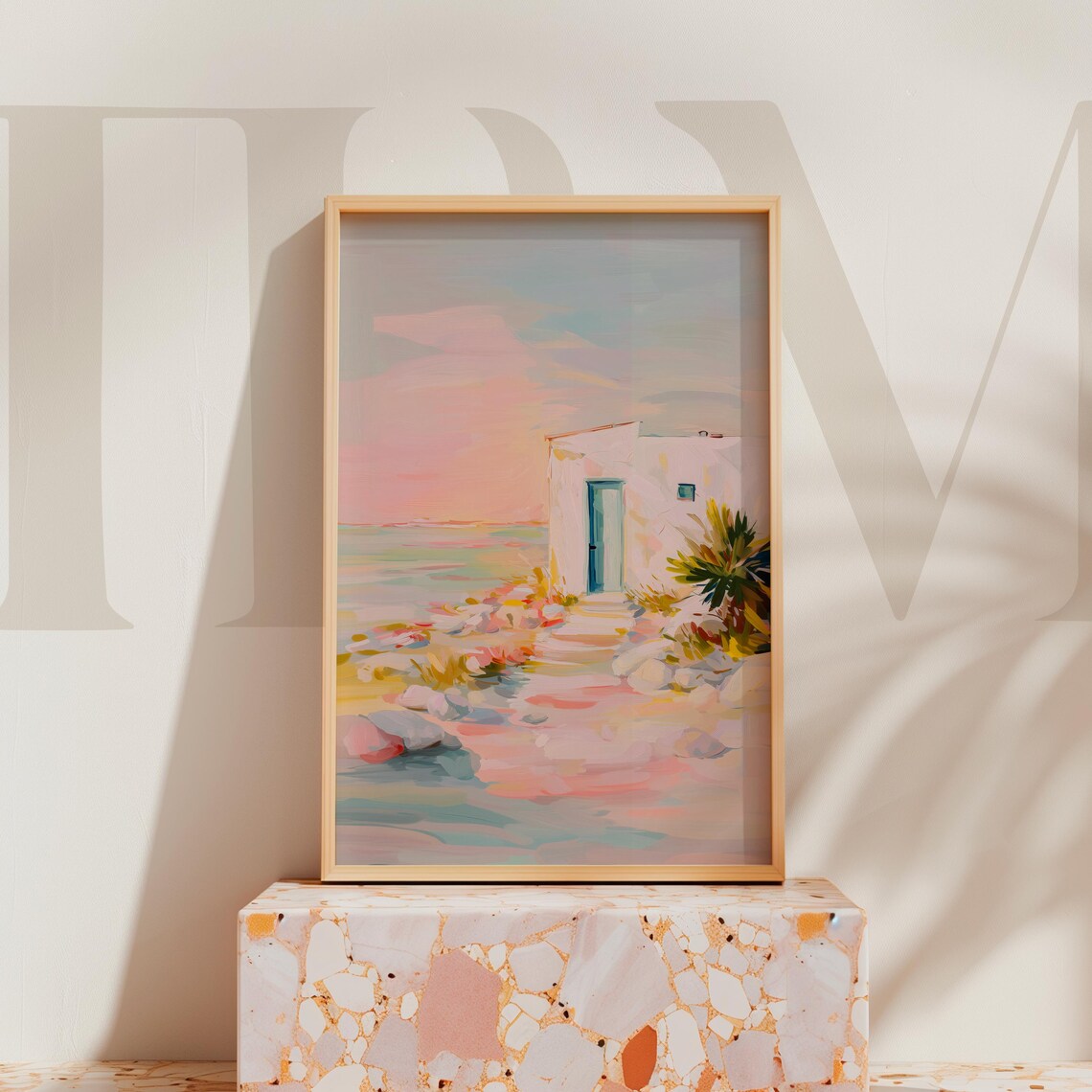 Pastel Beach Cottage With Blue Door by the Sea Painting Poster