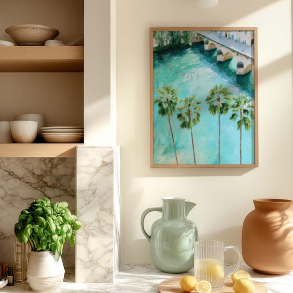 Mediterranean Palm Tree Print Turquoise Coastal Bridge