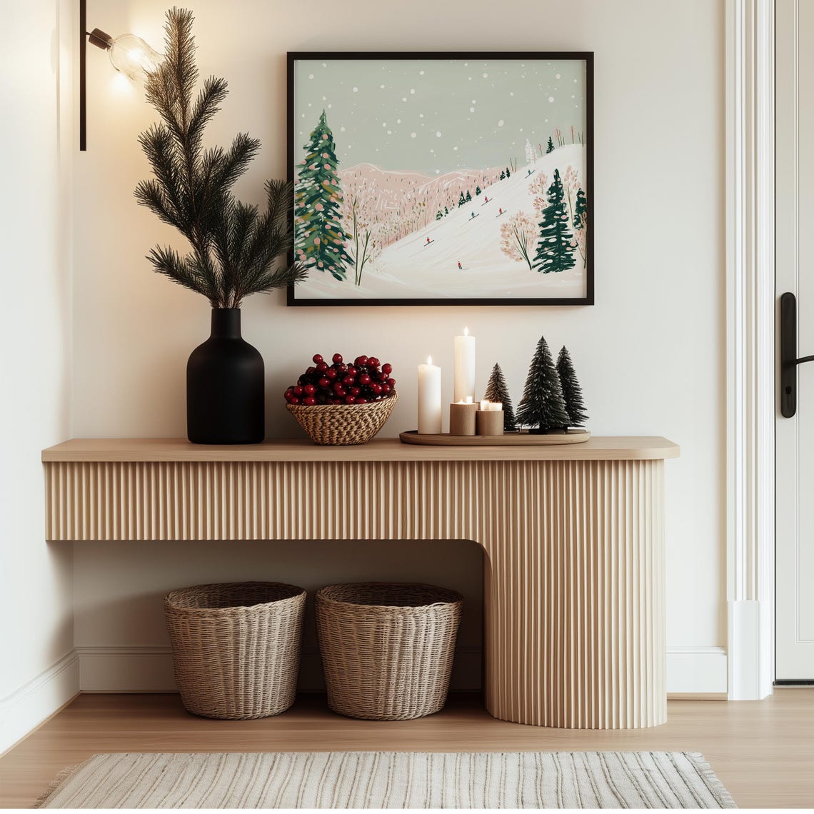 Skiers Descending Snowy Mountain Slope Winter Holiday Poster