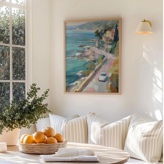 Mediterranean Coastal Road White Vintage Car Ocean View Art Print