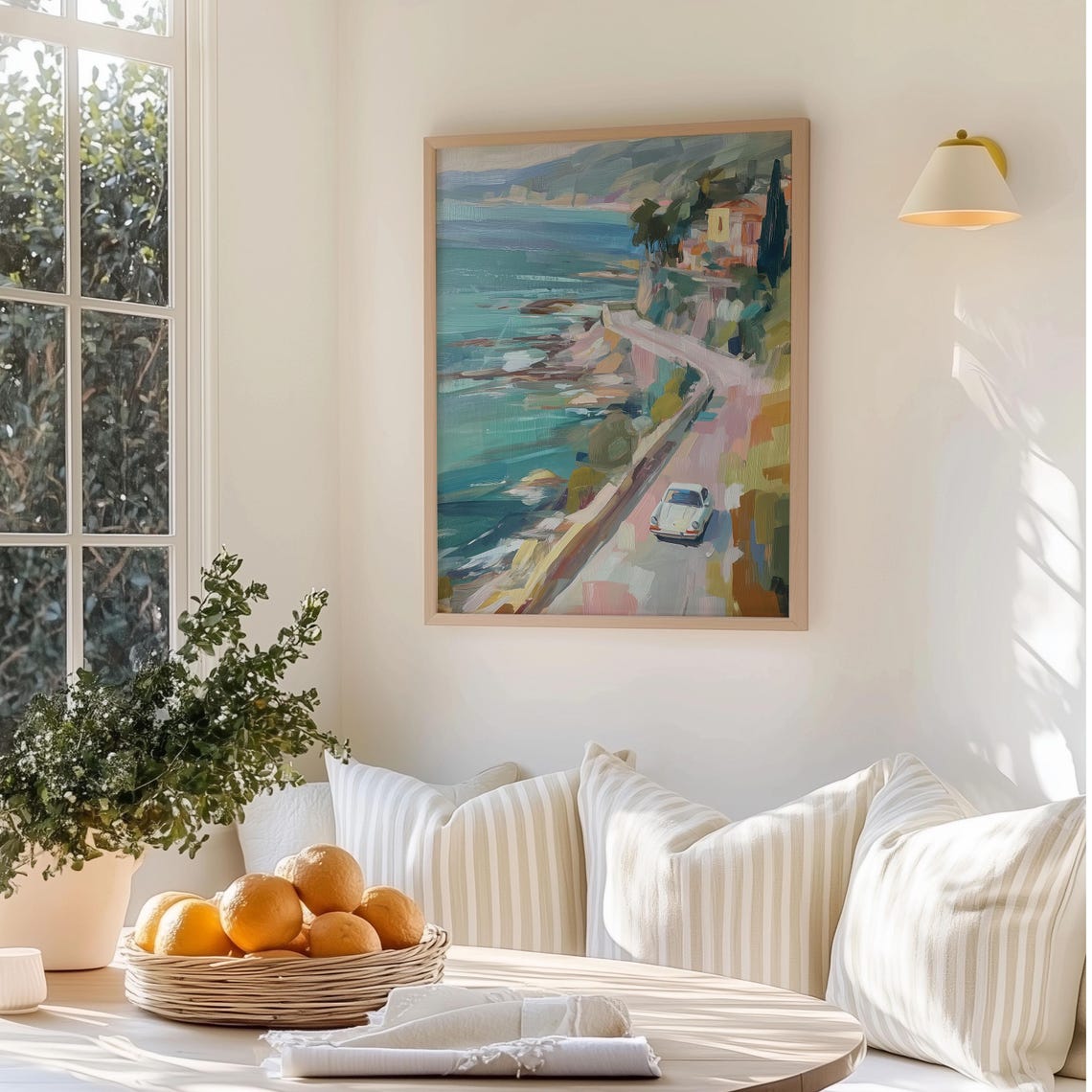 Mediterranean Coastal Road White Vintage Car Ocean View Art Print