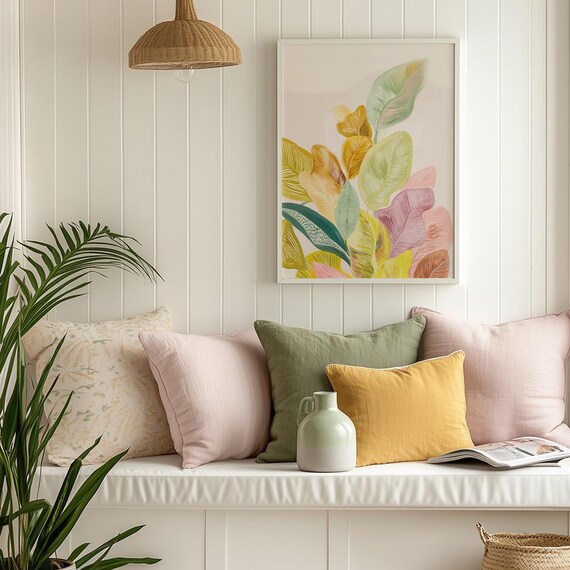 Colorful Tropical Leaf Illustration Modern Botanical Boho Wall Art
