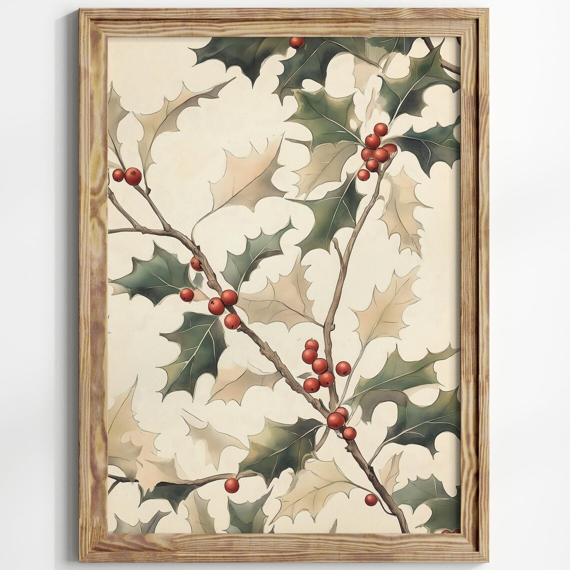 Holly Leaves Red Berries Watercolor Botanical Christmas Art Poster