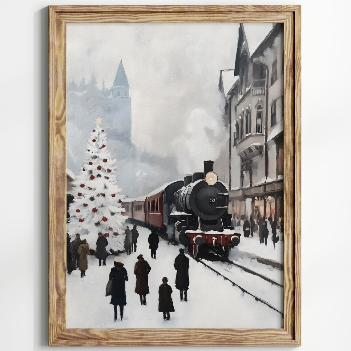 Vintage Steam Train At Snowy Station With Christmas Tree Poster