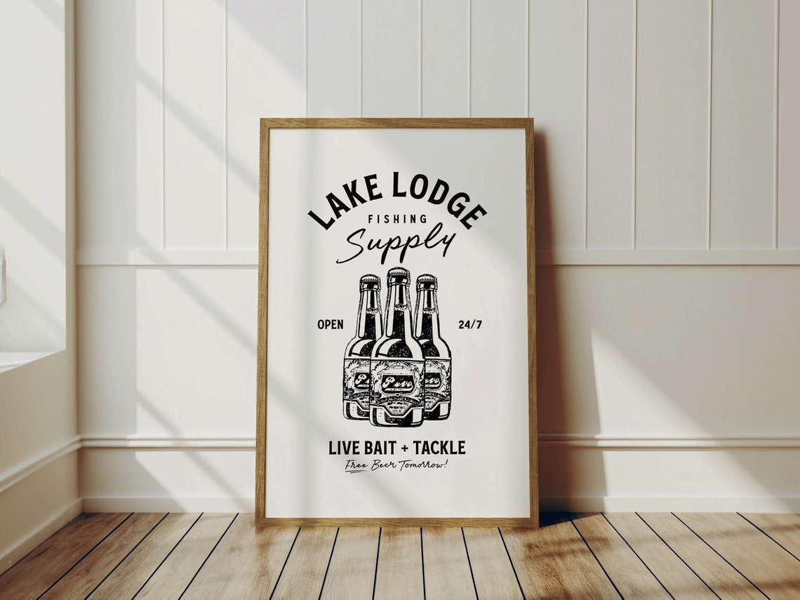 Lake Lodge Fishing Supply Live Bait Tackle Beer Vintage Poster