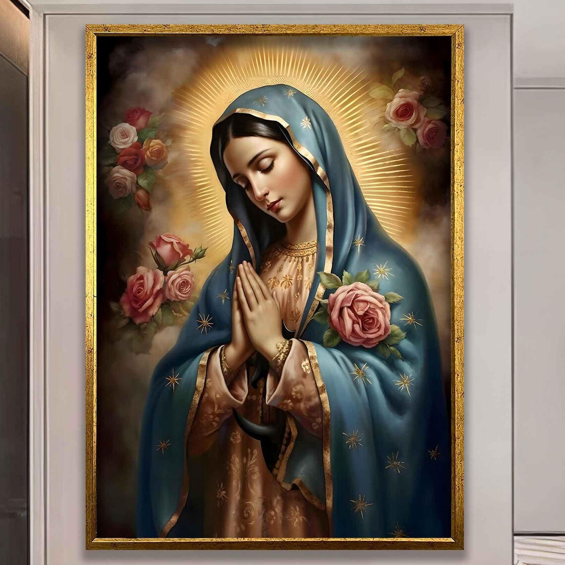 Our Lady Of Guadalupe Praying With Roses Religious Devotion Poster
