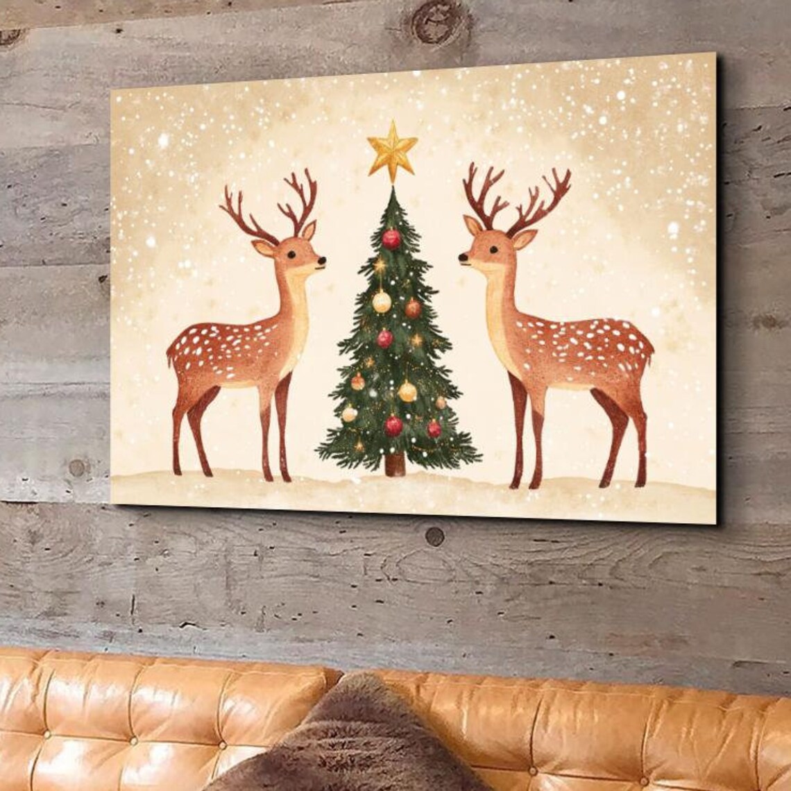 Two Deer Christmas Tree Gold Star Snowy Vintage Holiday Scene Poster