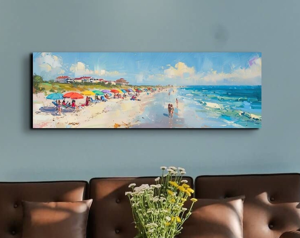 Sunny Beach with Colorful Umbrellas Impressionist Seaside Poster