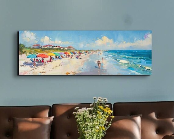Sunny Beach with Colorful Umbrellas Impressionist Seaside Poster
