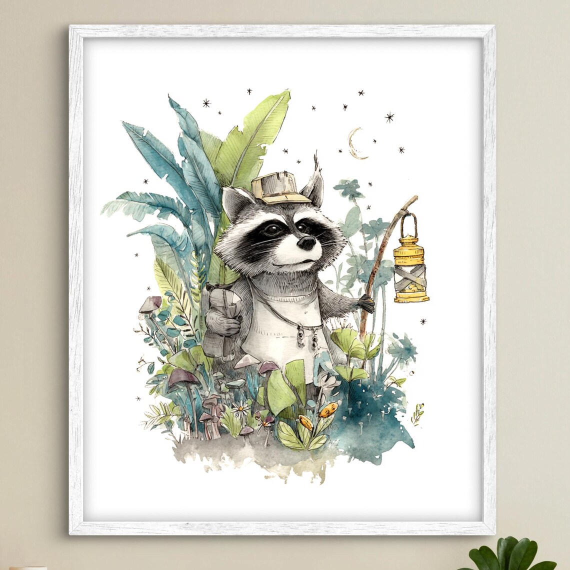 Adventurer Raccoon with Lantern Watercolor Woodland Animal Poster