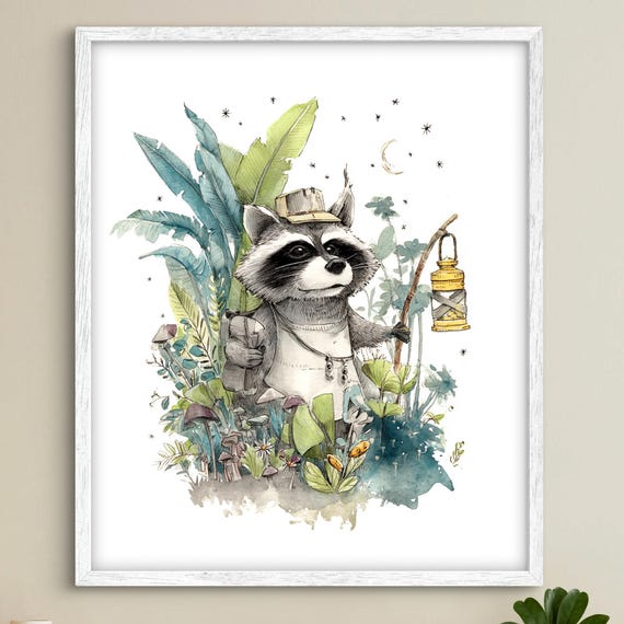 Whimsical Mischievous Raccoon Illustration Cute Animal Wall Art