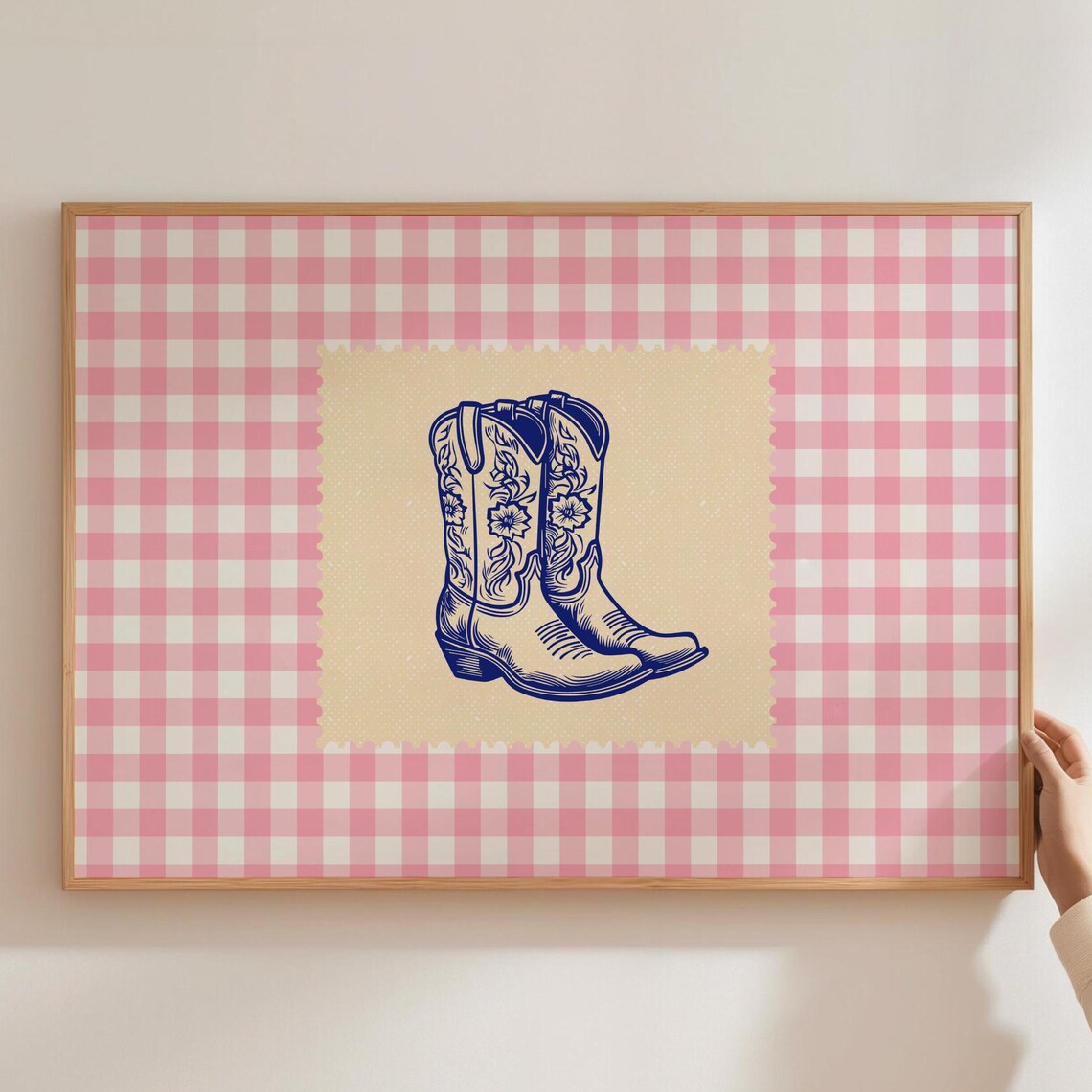 Vintage Cowgirl Boots Pink Gingham Stamp Style Western Poster