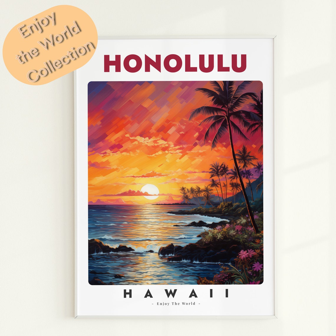 Honolulu Hawaii Ocean Sunset Palm Trees Colorful Travel Art Poster