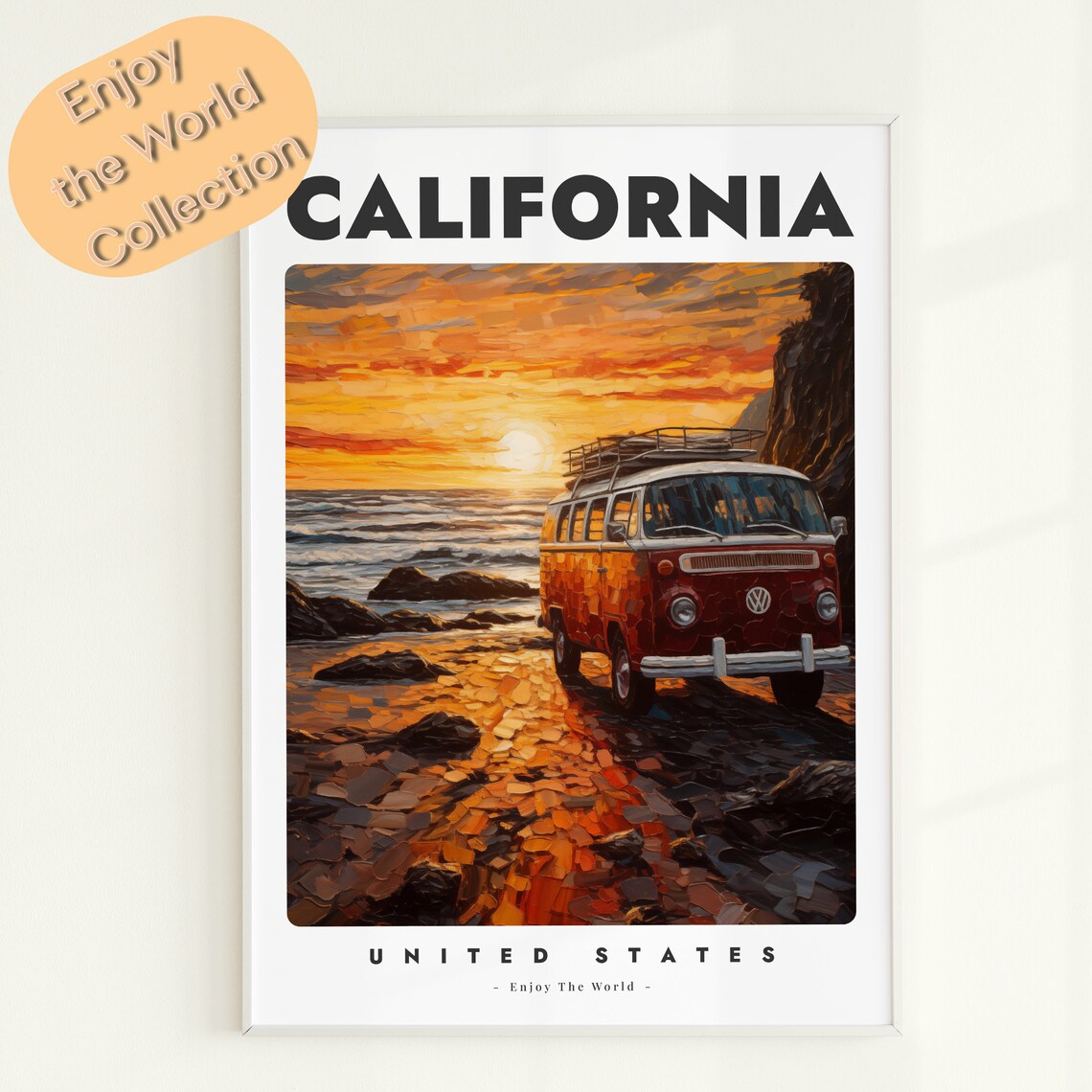 California Sunset Beach Classic VW Bus Vintage Travel Poster