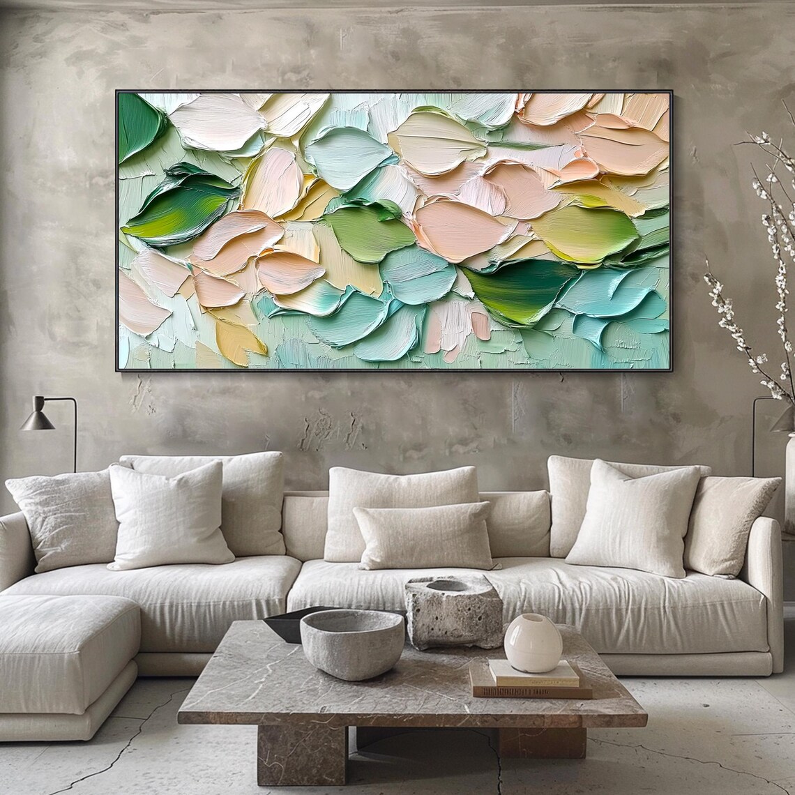 Soft Pastel Abstract Petals Peach Mint Sage Palette Knife Wall Art - Image 3