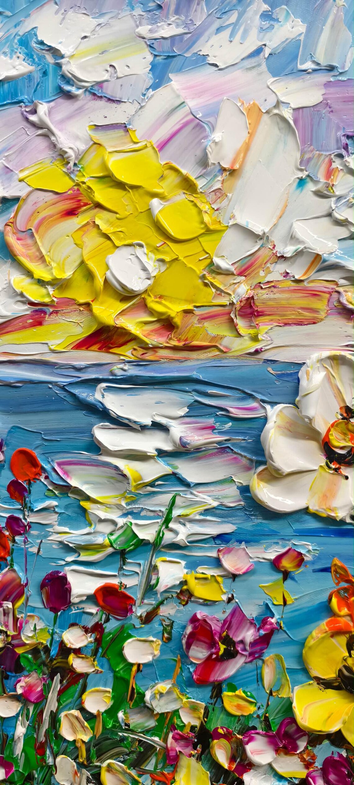 Colorful Wildflower Field Blue Ocean Sunrise Impasto Floral Art Poster - Image 3