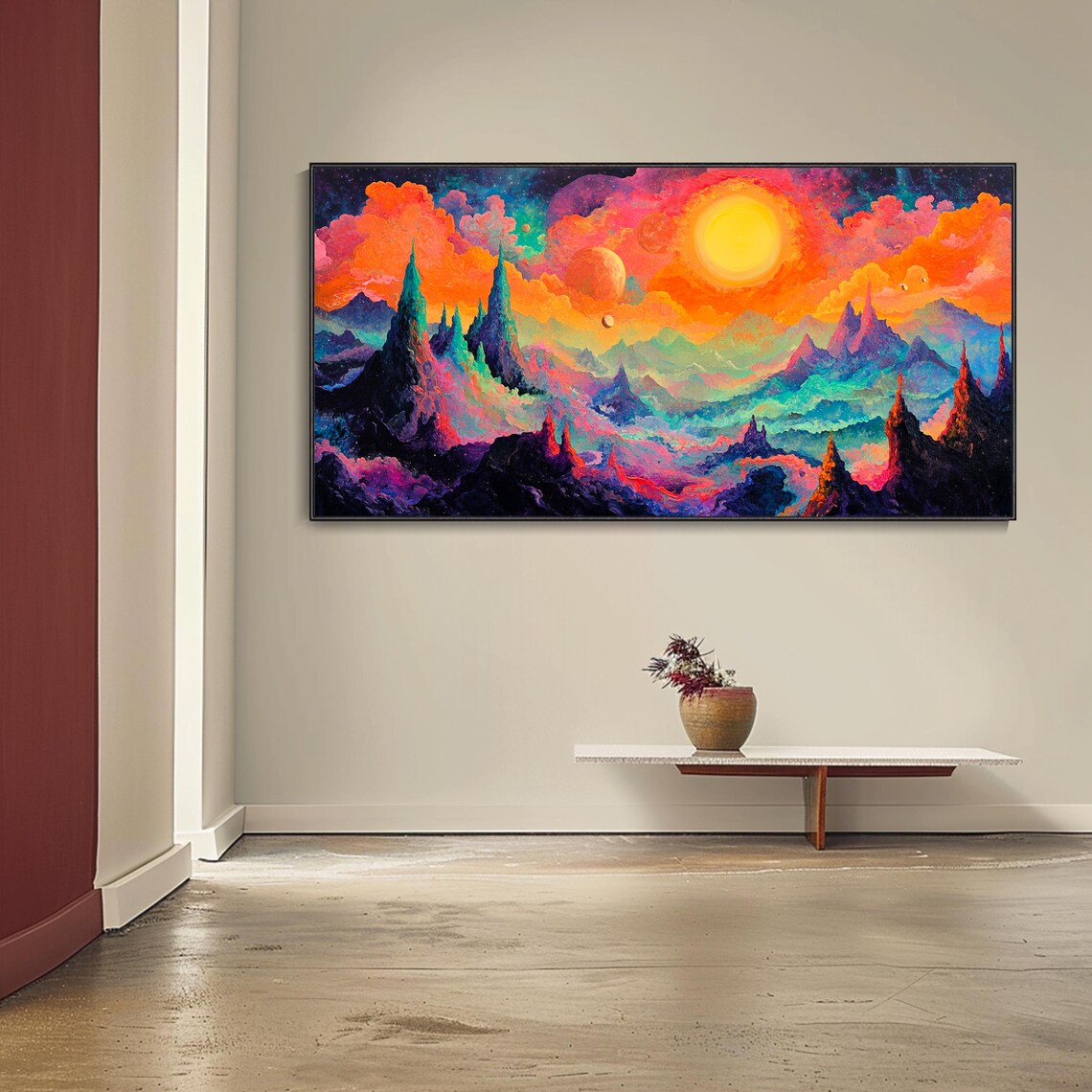 Neon Fantasy Mountains Vivid Sunset Surreal Landscape Cosmic Wall Art - Image 4