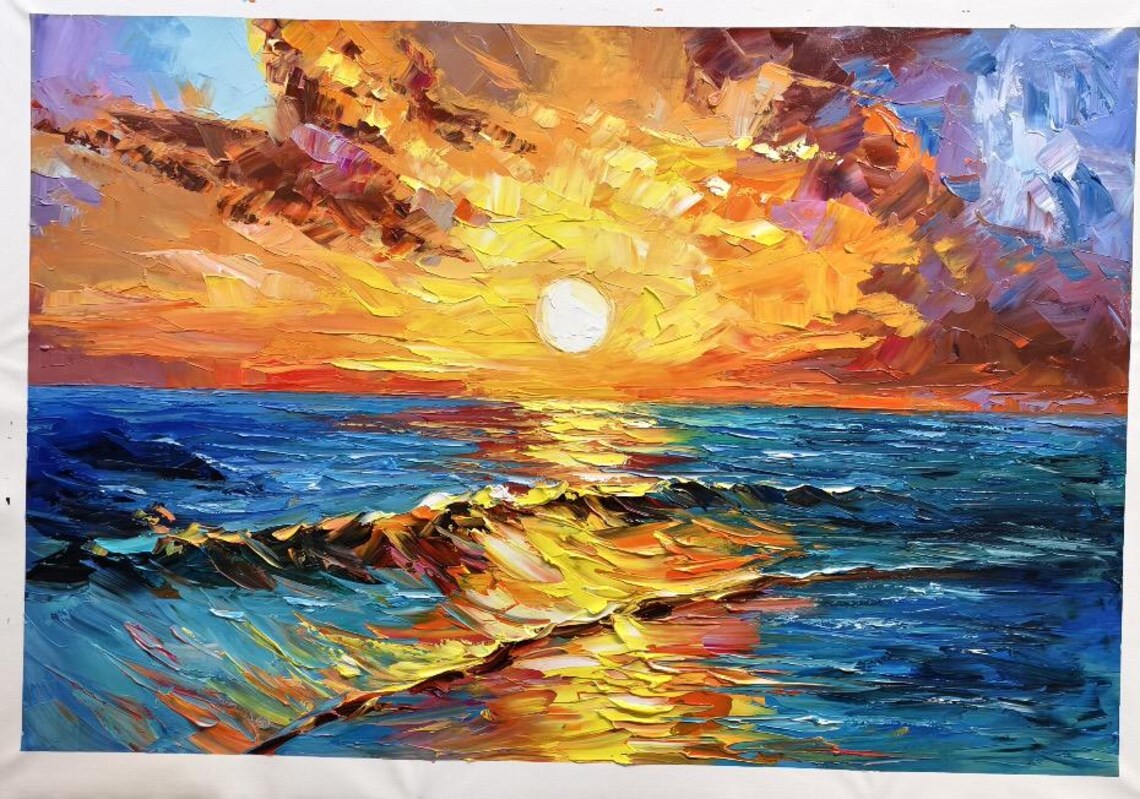 Glowing Sunset Ocean Waves Teal Sea Sailboats Impasto Art Poster - Image 3
