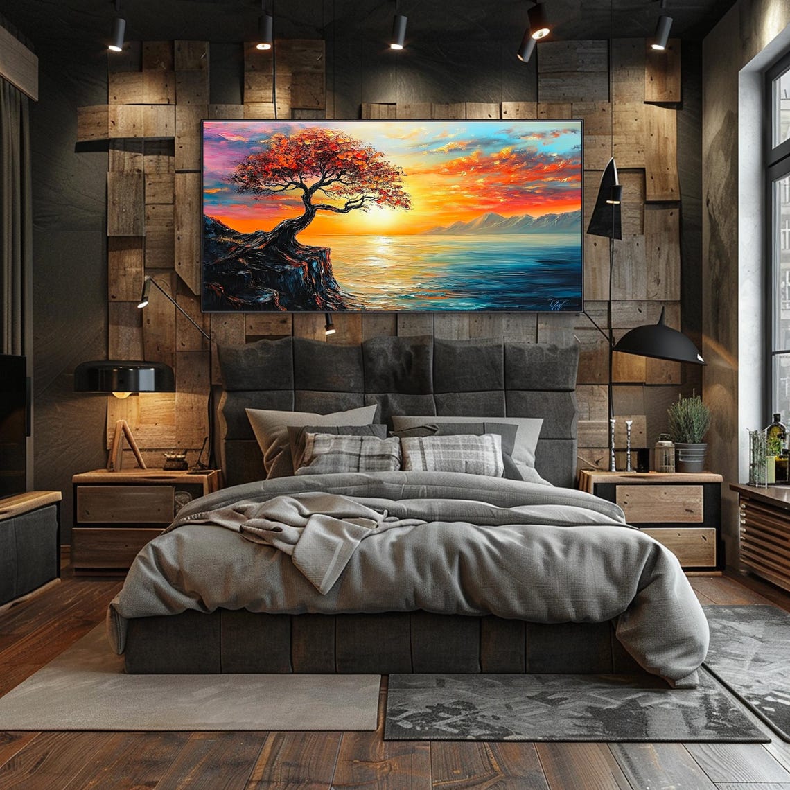 Lone Fiery Tree Cliff Sunset Ocean Golden Light Impasto Wall Art - Image 3