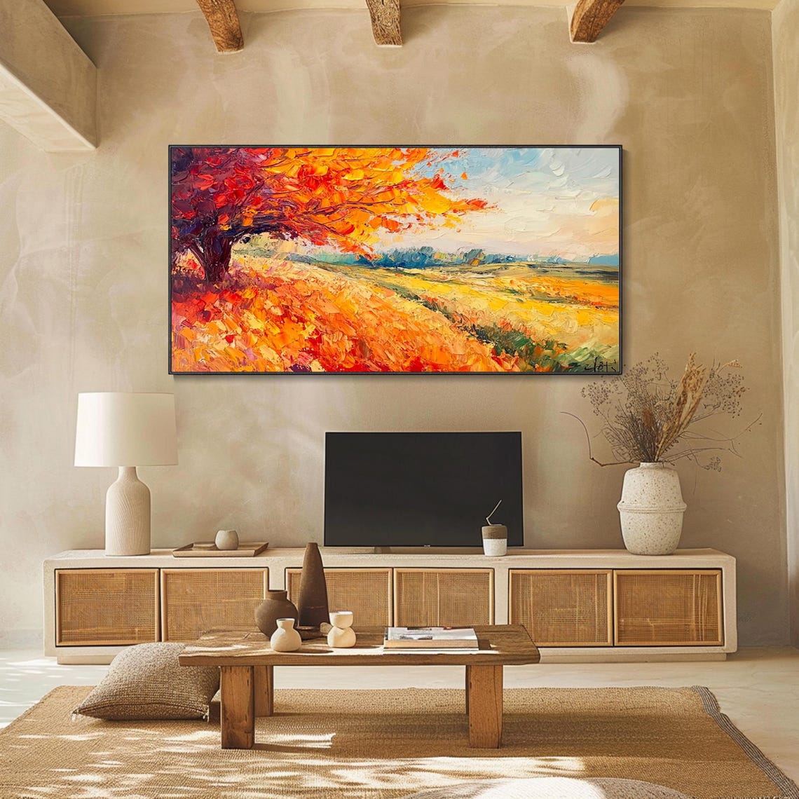 Fiery Autumn Tree Golden Field Sunset Landscape Impasto Wall Art - Image 2