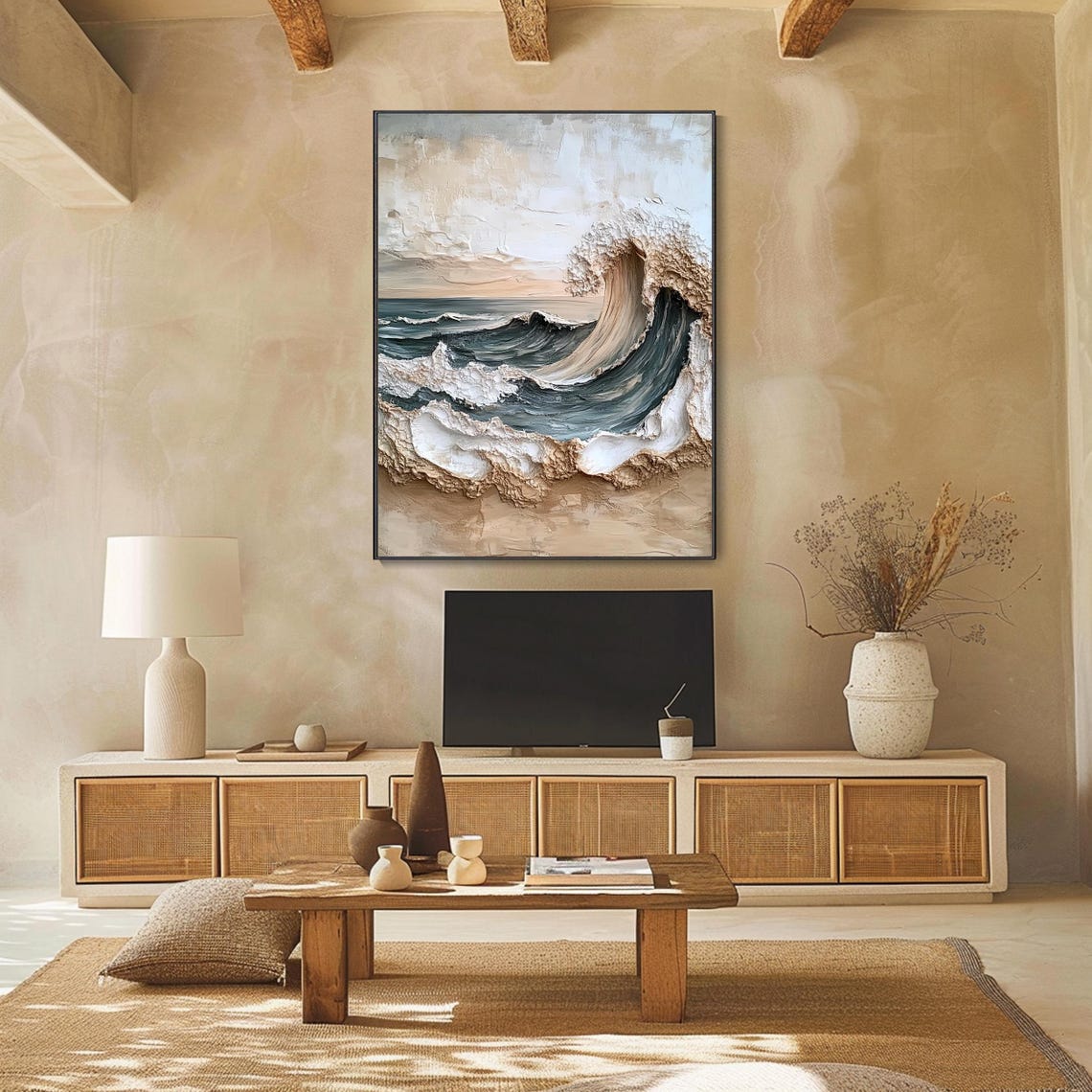 Powerful Curling Ocean Wave Dark Teal White Foam Textured Wall Art - Image 2