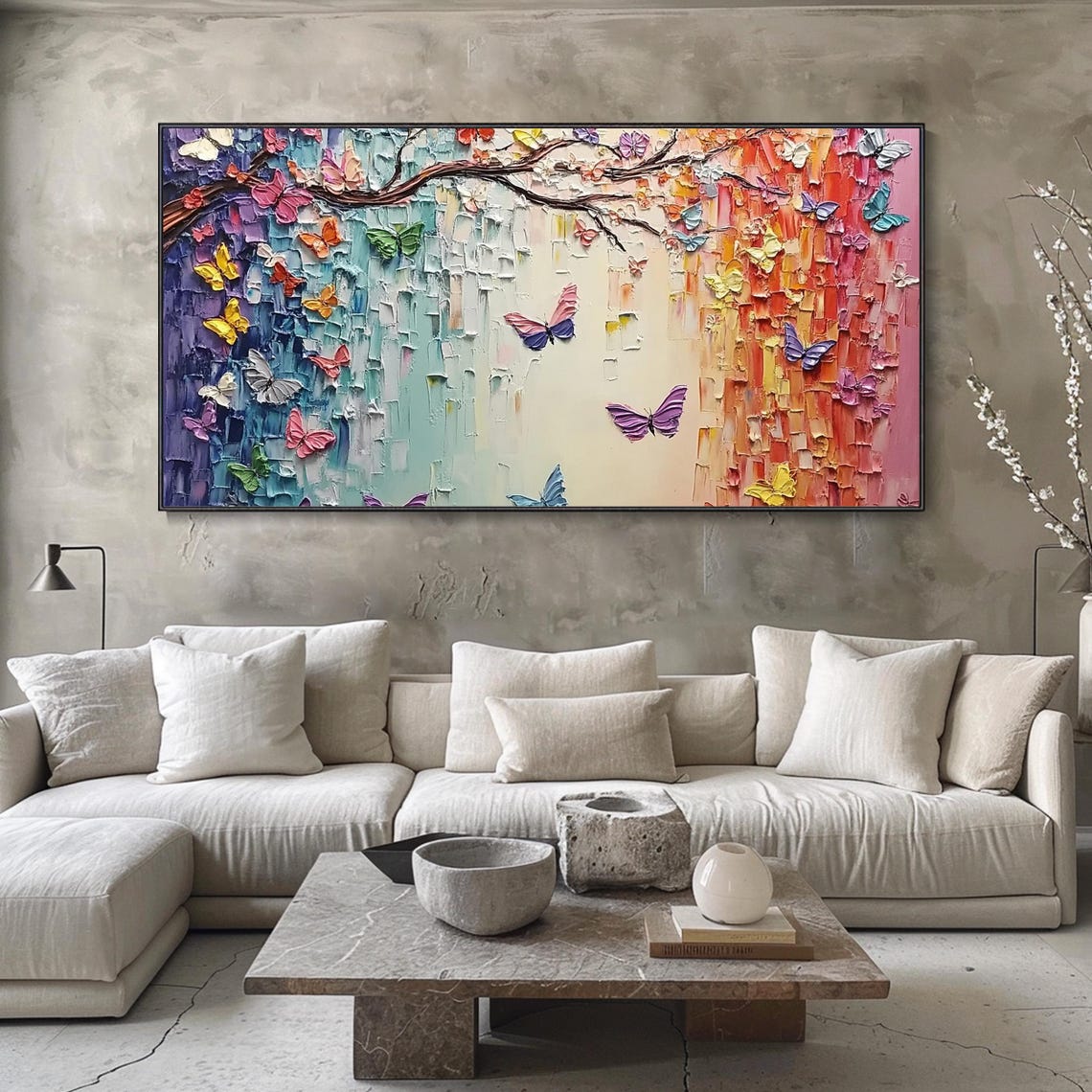 Large Art Vibrant Meadow With Butterflie And Wildflowers Oil Painting On Modern Living Room Home Decor Colorful Landscape Art - Image 3