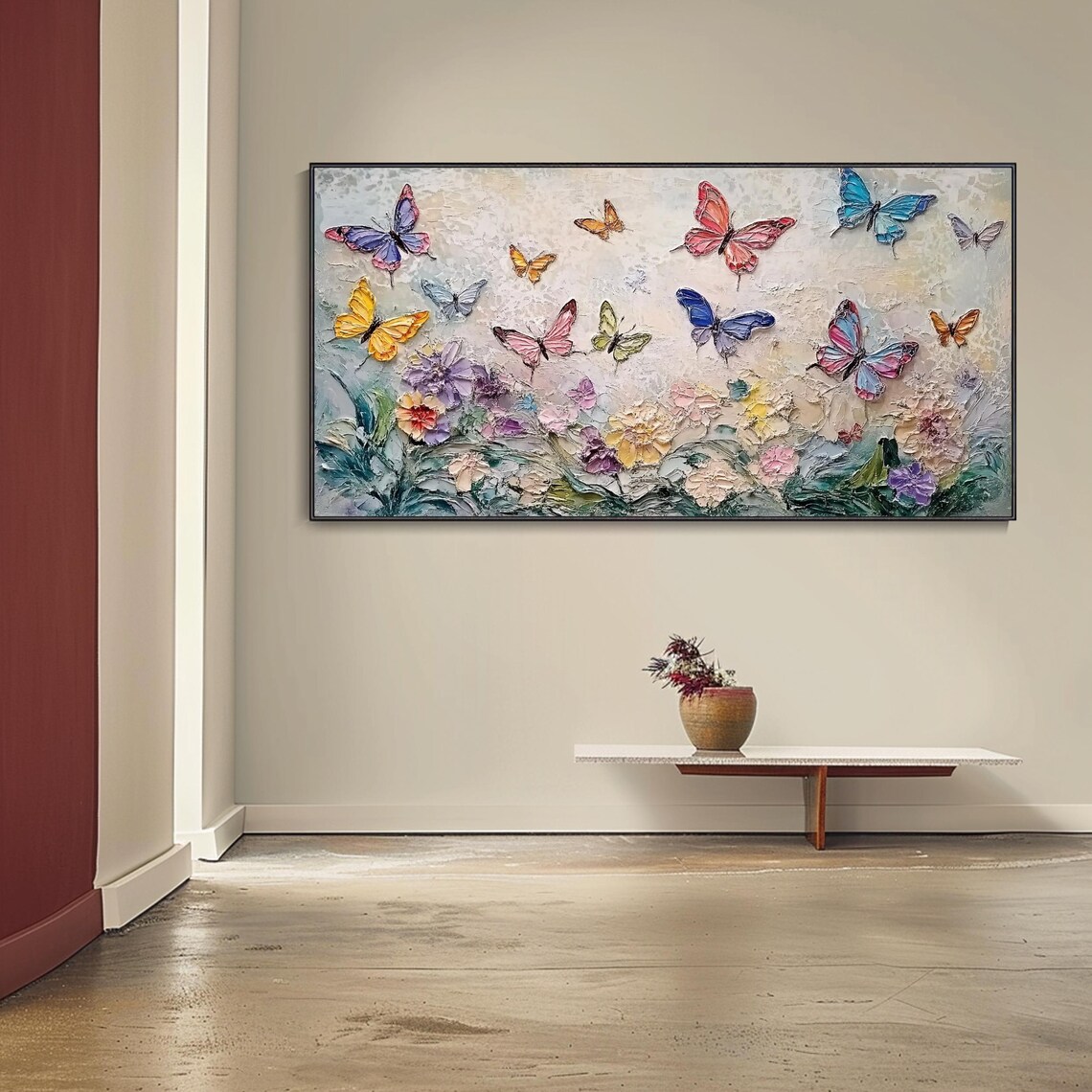 Colorful Butterflies Flying Over Pastel Floral Garden Impasto Wall Art - Image 4