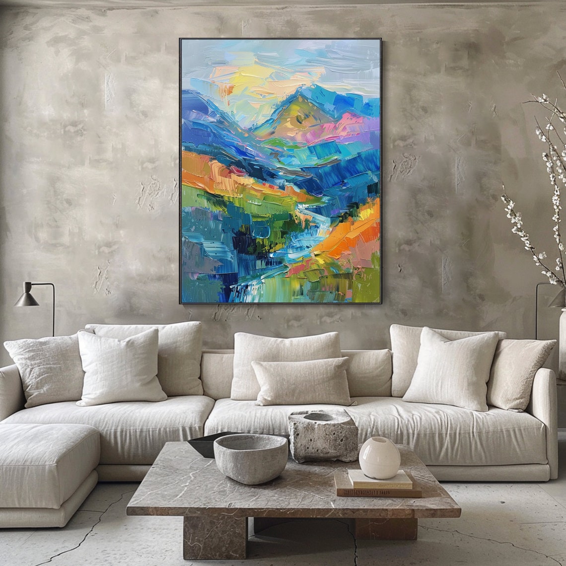 Abstract Blue Mountain Peaks Sunrise Impasto Landscape Art Poster - Image 4