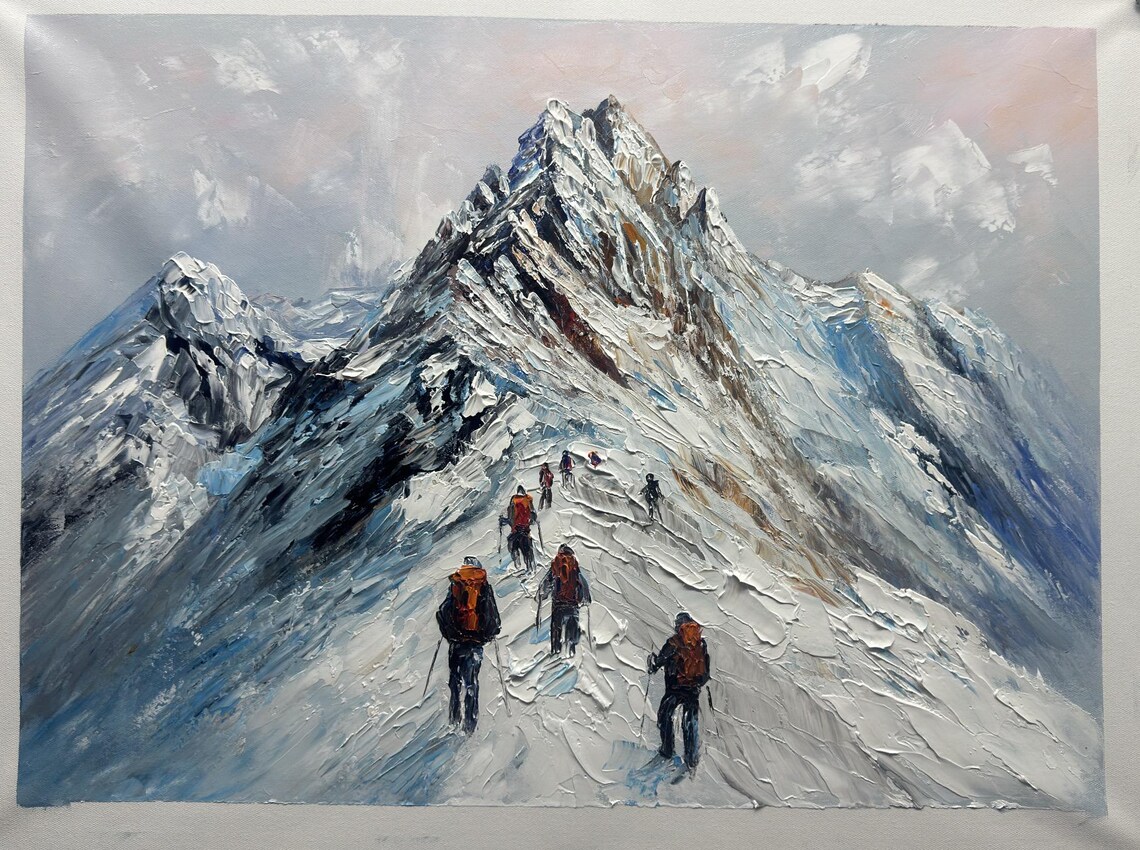 3d Texture Snow Mountain Art Hiking Oil Painting On Mountain Hikers Painting Large Living Room Wall Art Texture Look Art Outdoor Art - Image 3