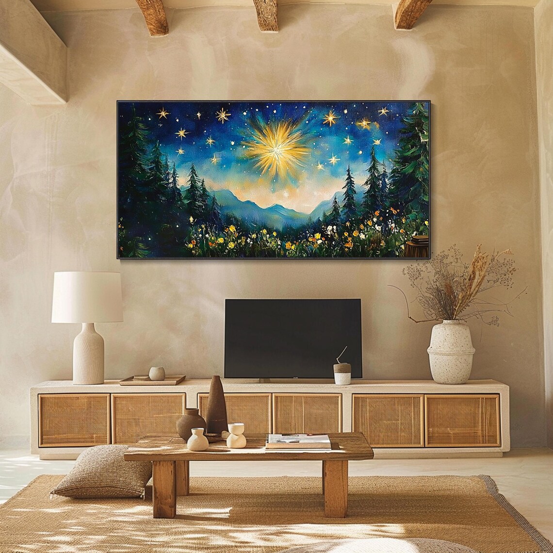 Starry Night Pine Forest Glowing Star Flower Meadow Oil Painting Wall Art - Image 2