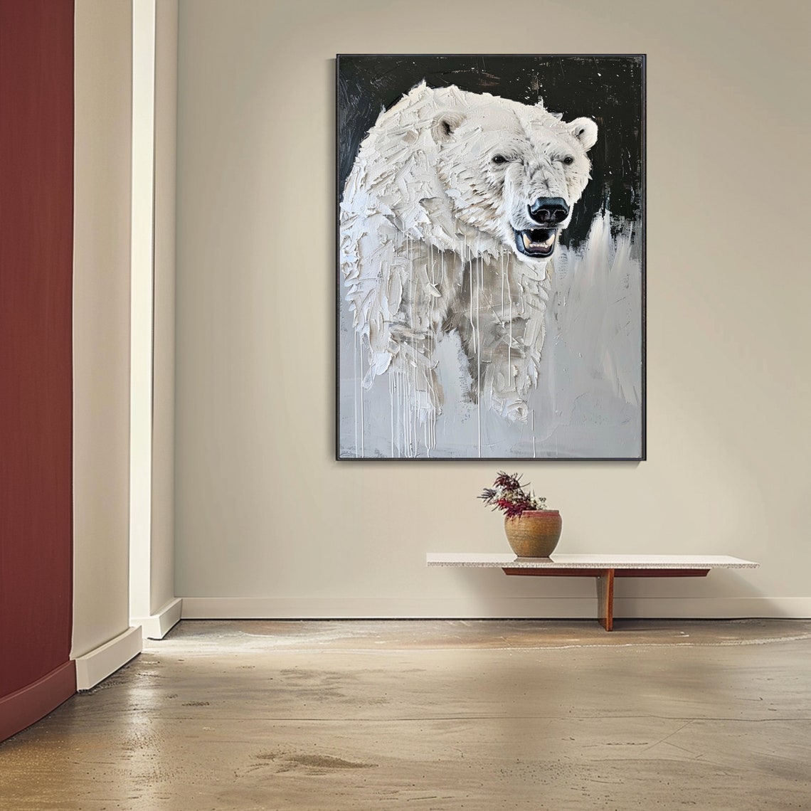 Polar Bear Head Thick White Impasto Dark Background Art Poster - Image 4